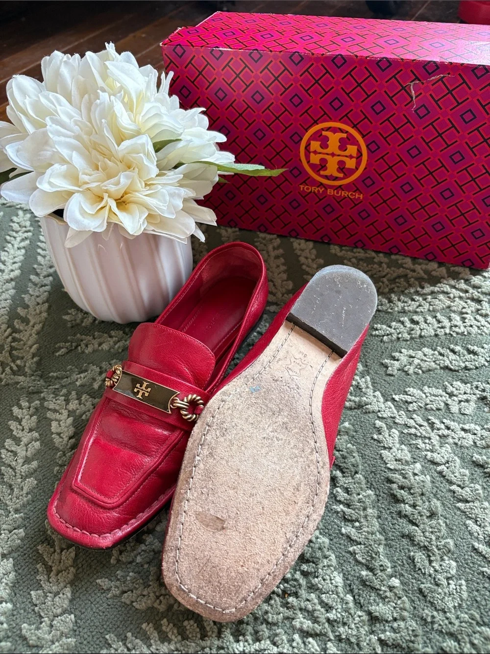 Tory Burch Red Leather Slip-On Loafers with Gold Logo Hardware